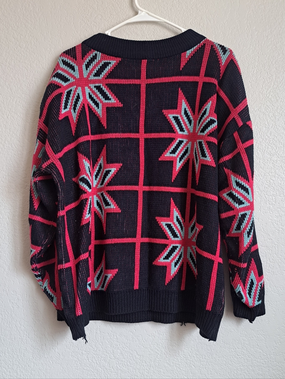 Vintage Pink Black Geometric Print Winter Sweater Size Large